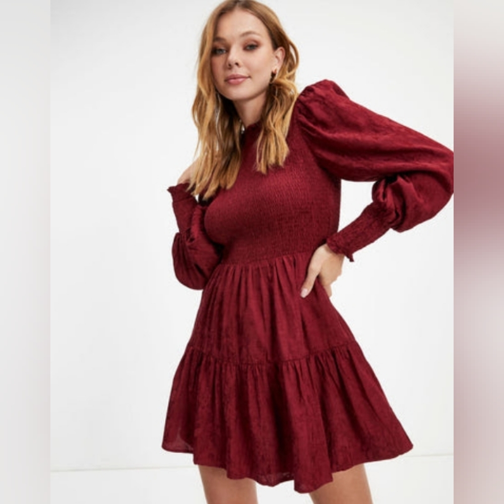Vici Long Sleeve Ruche Merlot Dress